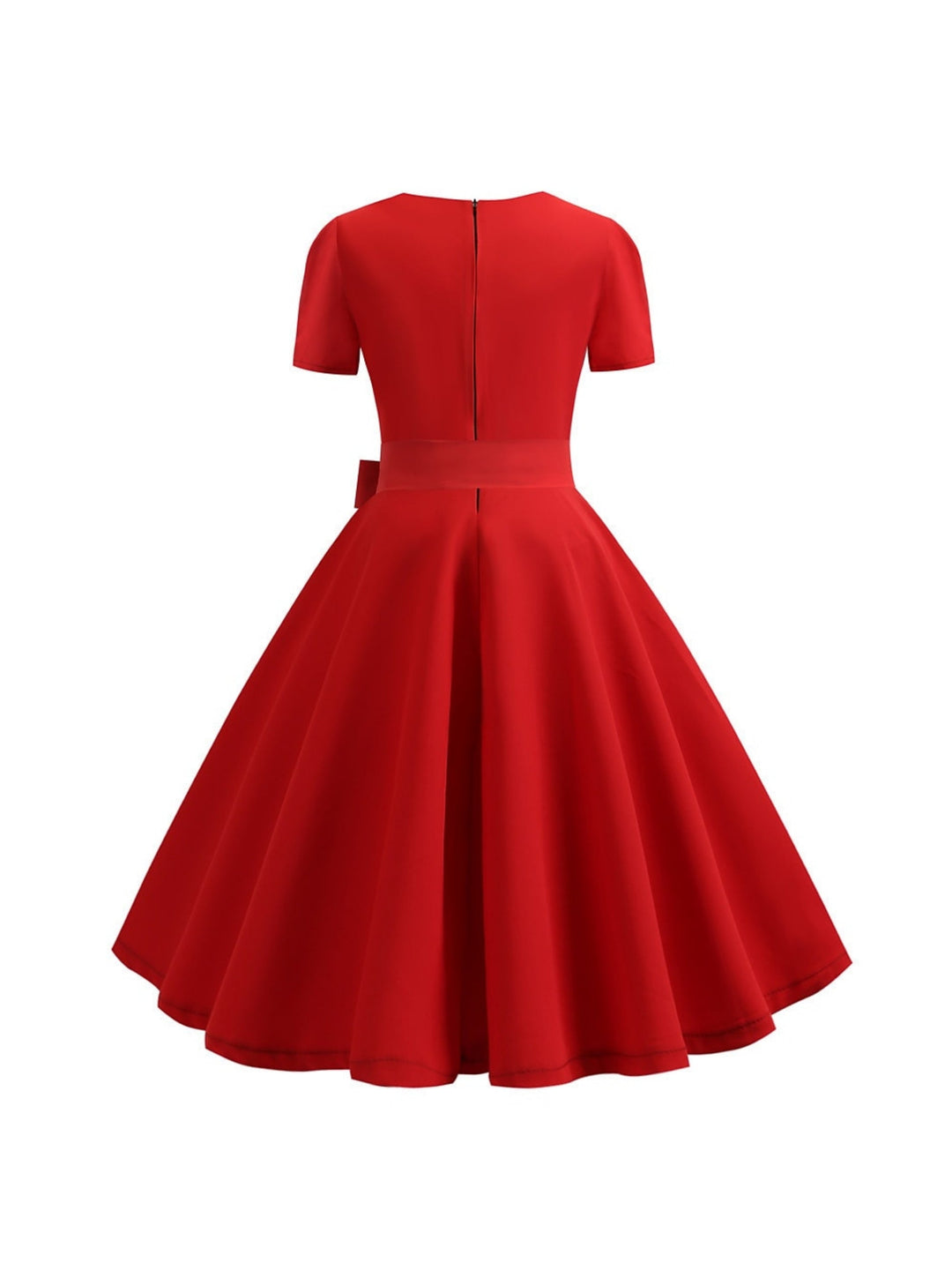 Robe Trapèze/Princesse à Manches Courtes et Col Rond, Longueur Thé, Vintage, avec Nœud