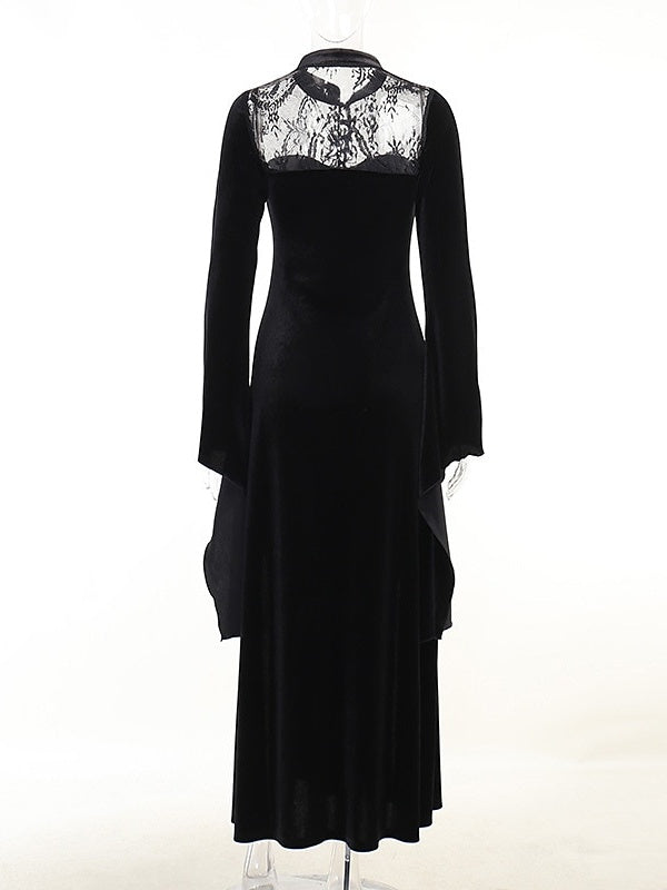 Robe Vintage Trapèze/Princesse à Manches Longues et Col Bijou, Longueur Au Sol, avec Fente Sur le Côté