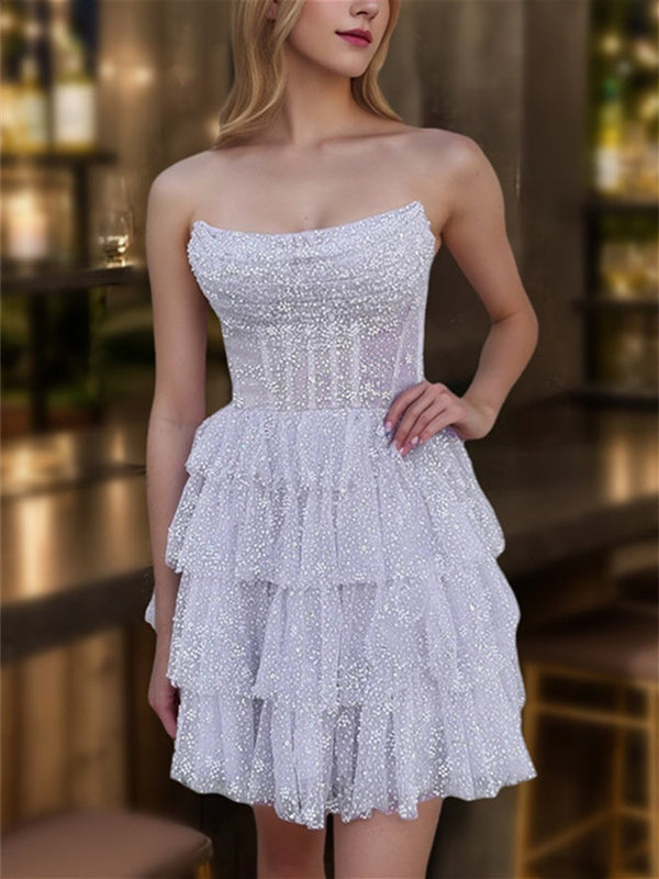 Robe de Soirée Courte/Mini Sans Manches, Coupe A-Line/Princesse, Sans Bretelles, avec Plis et Volants, pour Cocktail, Soirée, Bal