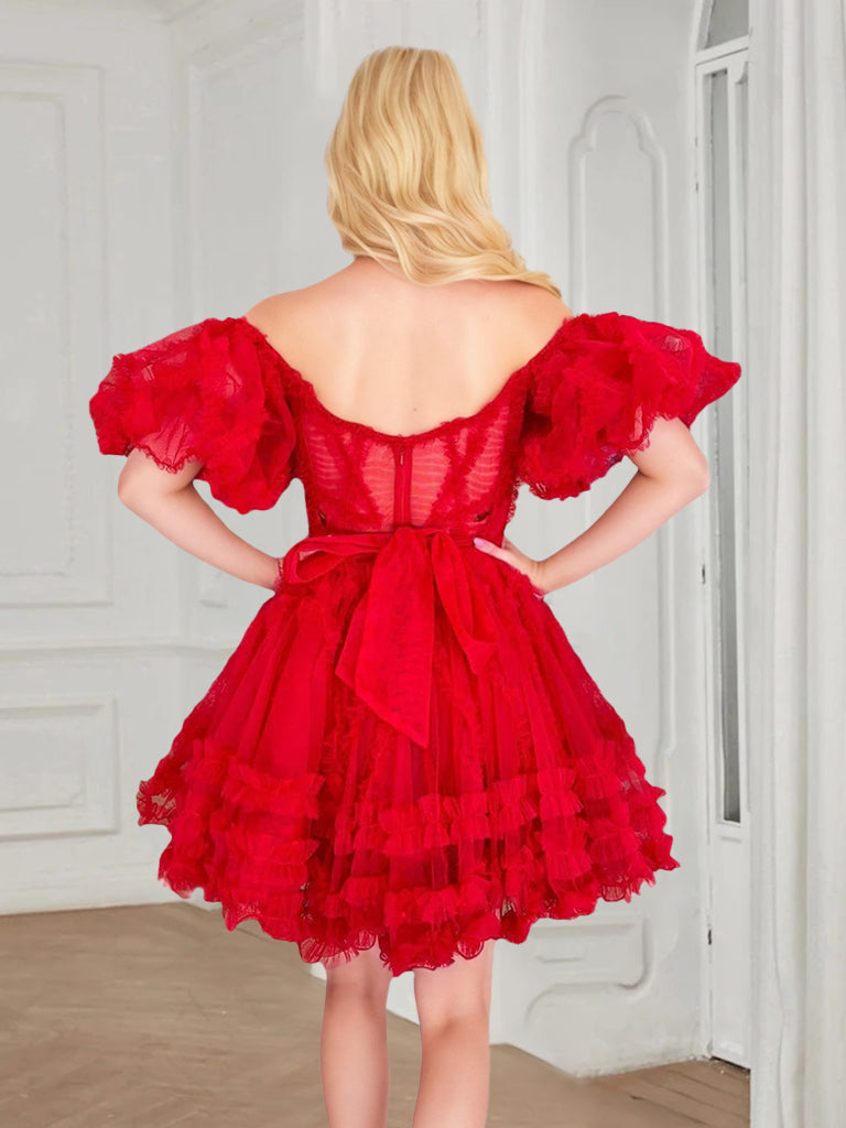 Robe de Soirée Courte/Mini à Volants, Plis et Ceinture, Coupe A-Line/Princess, Épaules Dénudées, Manches Bouffantes, pour Cocktail, Soirée