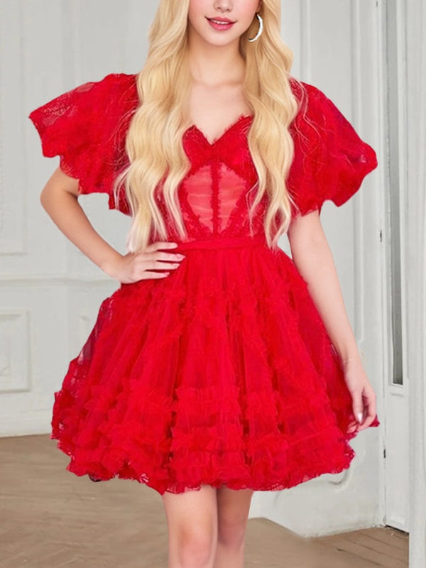 Robe de Soirée Courte/Mini à Volants, Plis et Ceinture, Coupe A-Line/Princess, Épaules Dénudées, Manches Bouffantes, pour Cocktail, Soirée