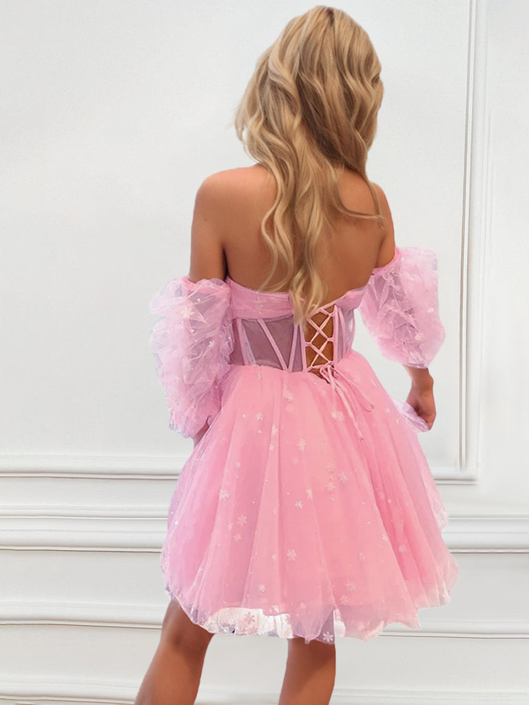 Robe de Soirée Courte/Mini, Coupe A-Line/Princesse, Sans Bretelles, Manches Ballon Amovibles, avec Plis, Corsage Corset Illusion