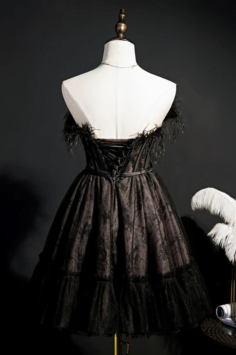 Robe de Soirée Courte/Mini Sans Manches, Coupe A-Line/Princesse, Sans Bretelles, pour Cocktail, Bal, Soirée, avec Plumes