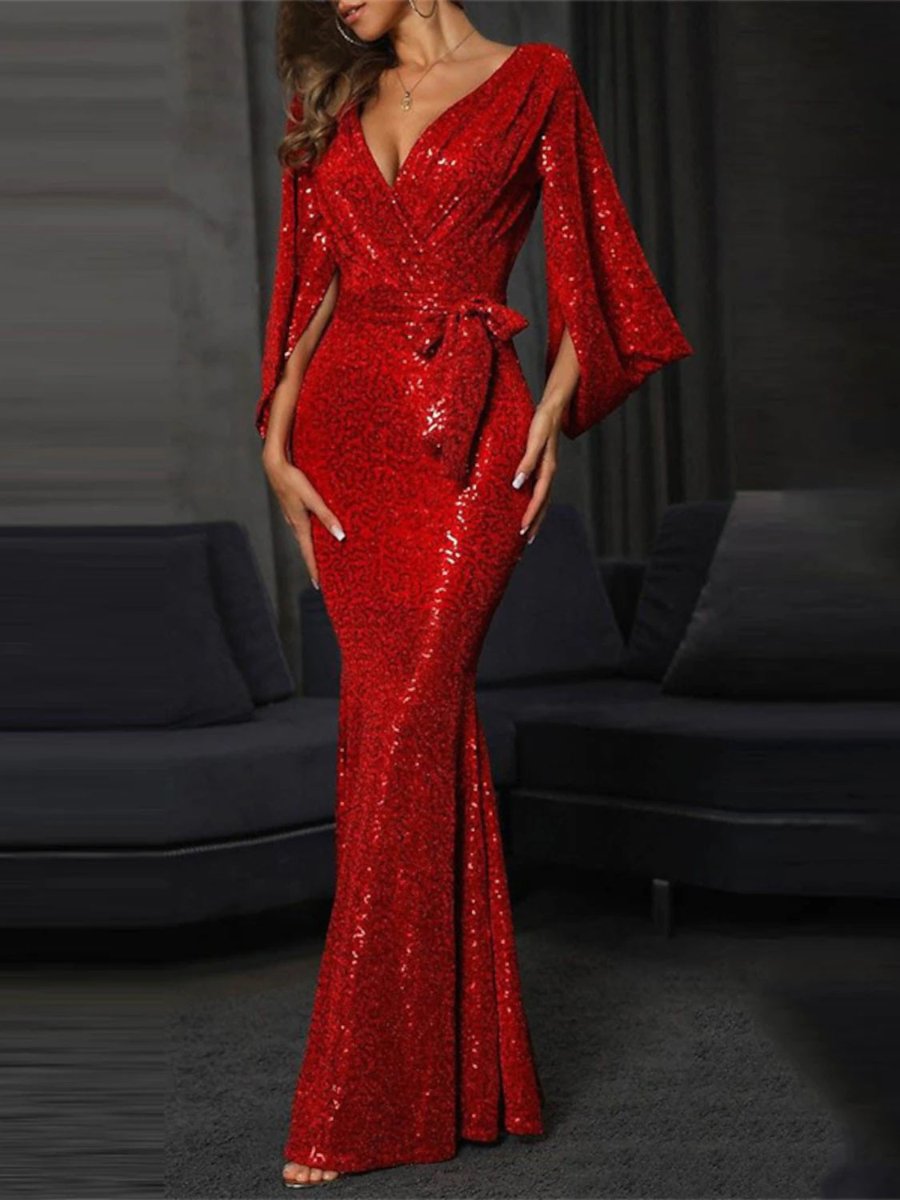 Robe de Bal Sirène à Manches Longues et Col en V, Longueur Au Sol, Paillettes avec Nœud(S)