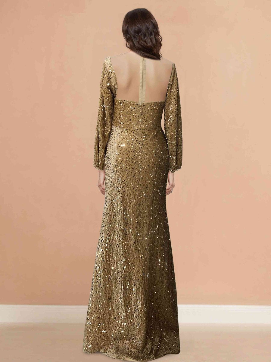 Robe de Soirée Sirène à Col Rond et Manches Longues, Longueur Au Sol, pour Mère de la Mariée, avec Fente Froncée