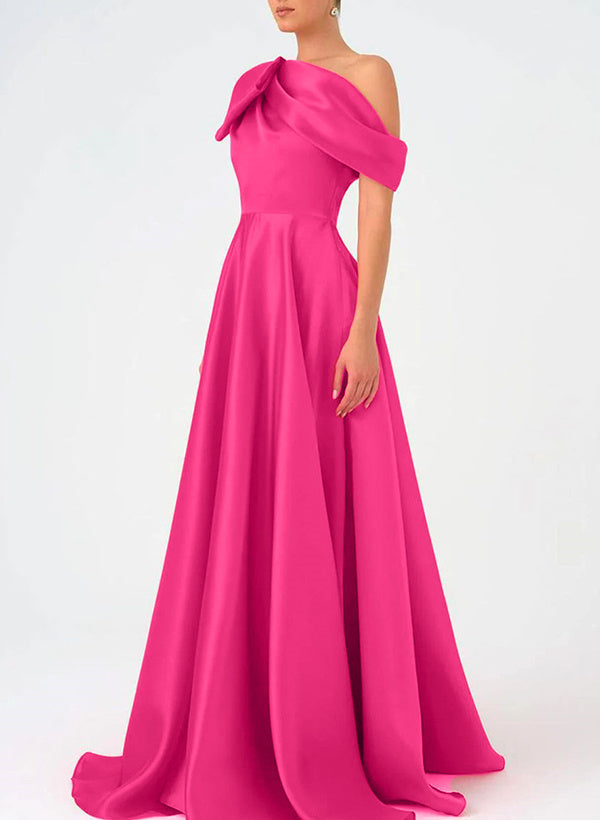 Ligne A Une Épaule Floor Length  Sans Manches Robes Mère de La Mariée Robe de Bal  Satin  avec Bow(s)