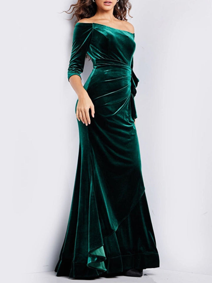 Robe de Bal Fourreau/Colonne à Épaules Dénudées, Manches 3/4, Longueur Au Sol, avec Volants