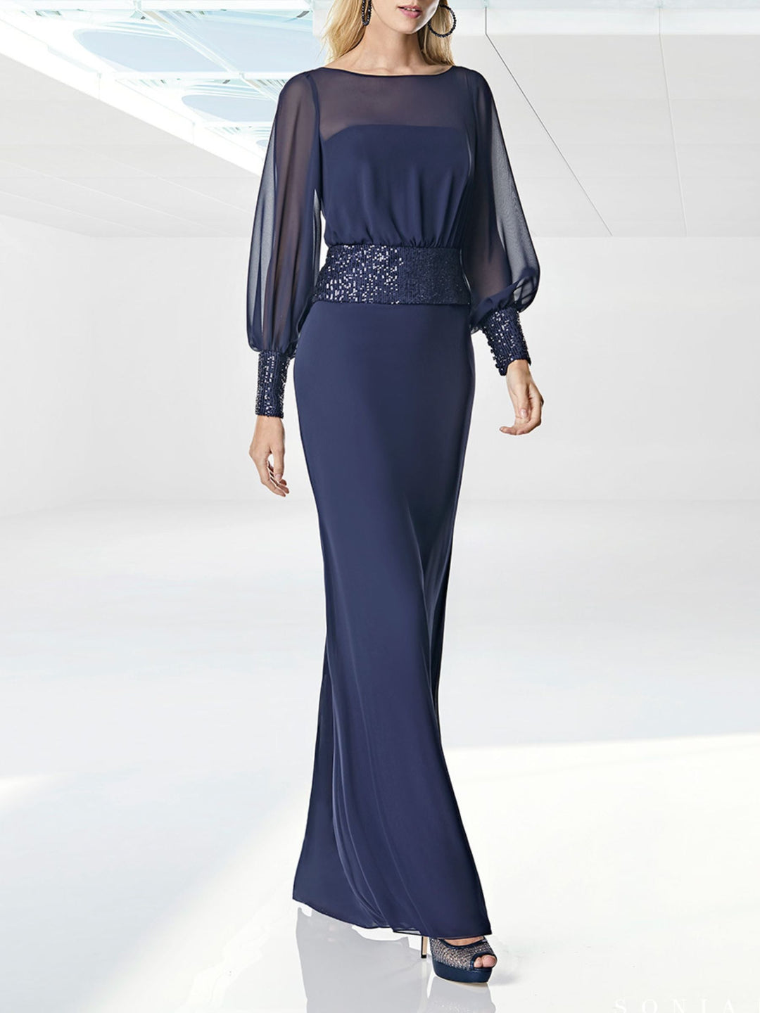 Robe de Bal Fourreau/Colonne à Col Rond et Manches Longues, Longueur Au Sol, avec Ceinture à Paillettes