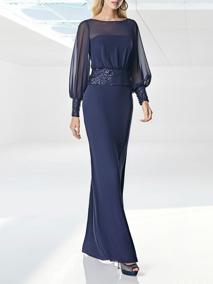 Robe de Bal Fourreau/Colonne à Col Rond et Manches Longues, Longueur Au Sol, avec Ceinture à Paillettes