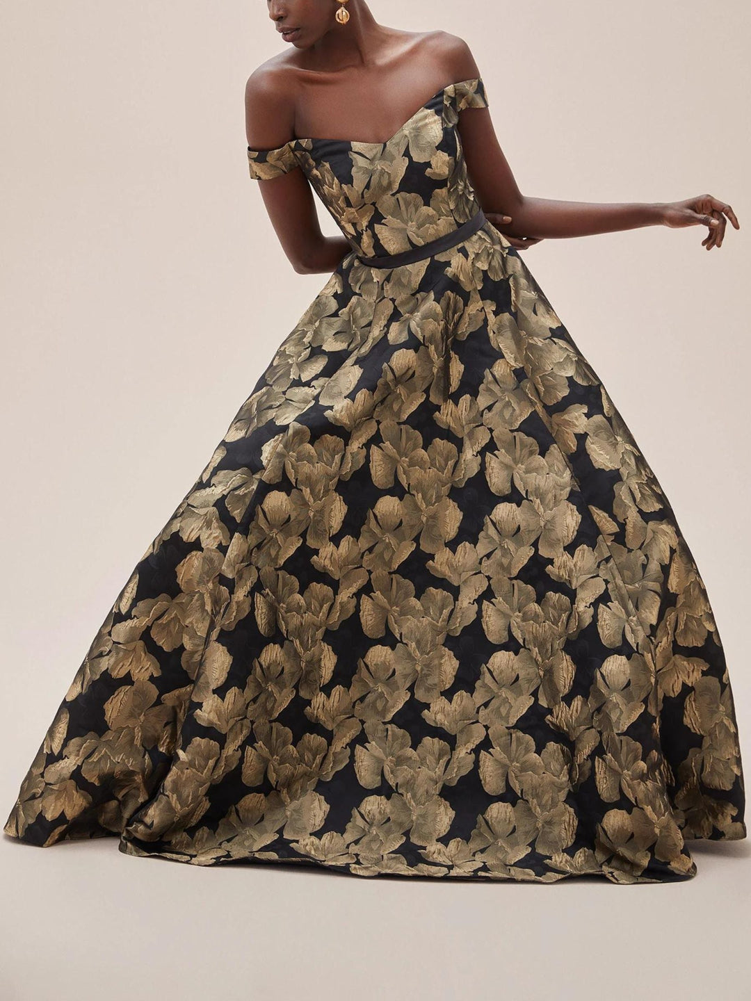 Robe de Soirée Trapèze/Princesse à Épaules Dénudées et Manches Courtes, Longueur Au Sol, avec Imprimé Floral