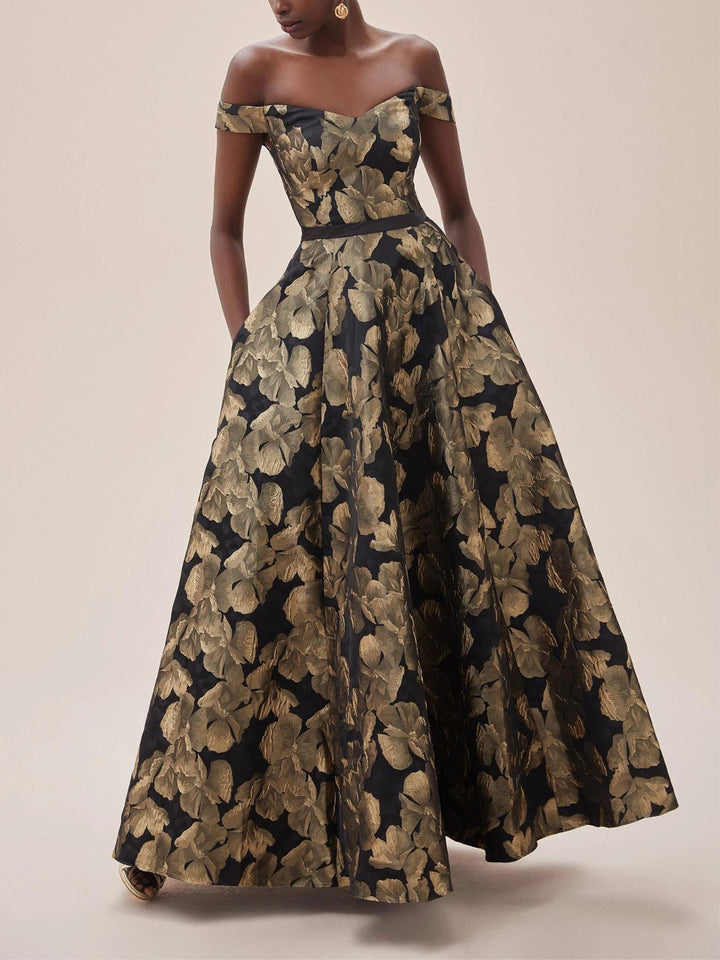 Robe de Soirée Trapèze/Princesse à Épaules Dénudées et Manches Courtes, Longueur Au Sol, avec Imprimé Floral