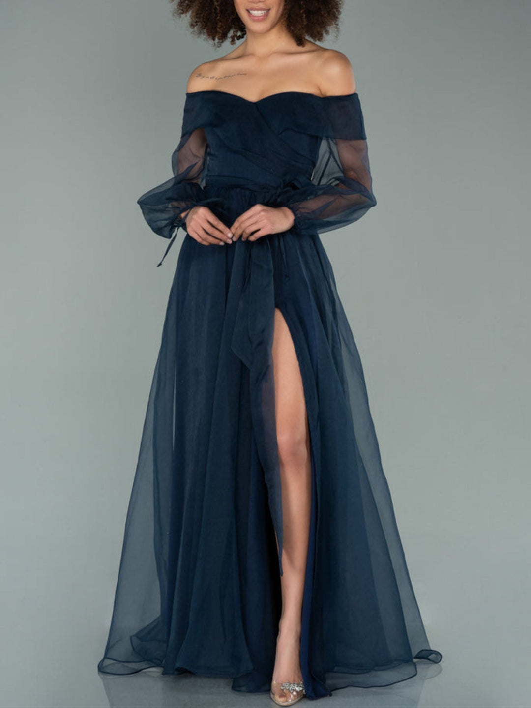 Robe de Soirée Trapèze/Princesse à Épaules Dénudées et Manches Longues Bouffantes avec Fente