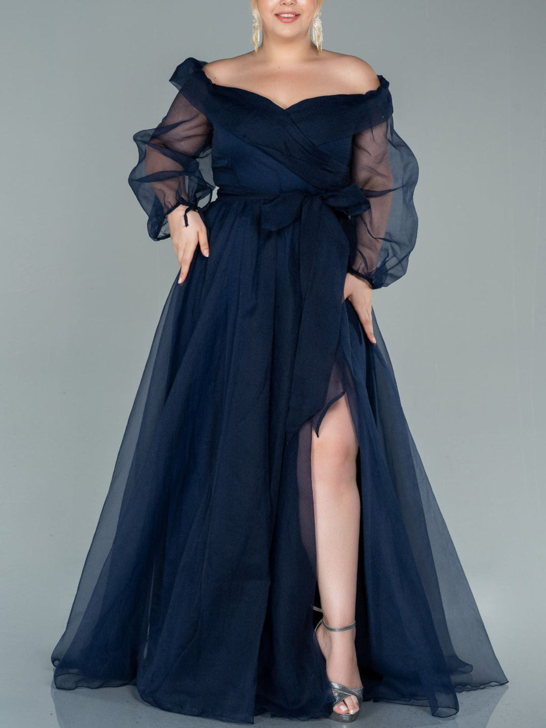 Robe de Soirée Trapèze/Princesse à Épaules Dénudées et Manches Longues Bouffantes avec Fente