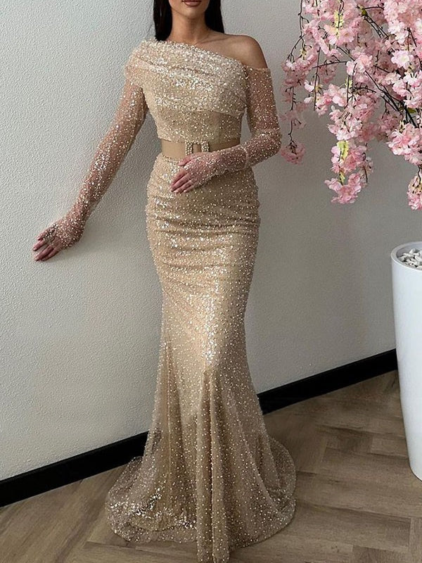 Robe de Soirée Sirène/Trompette à Une Épaule et Manches Longues, Longueur Au Sol, Paillettes