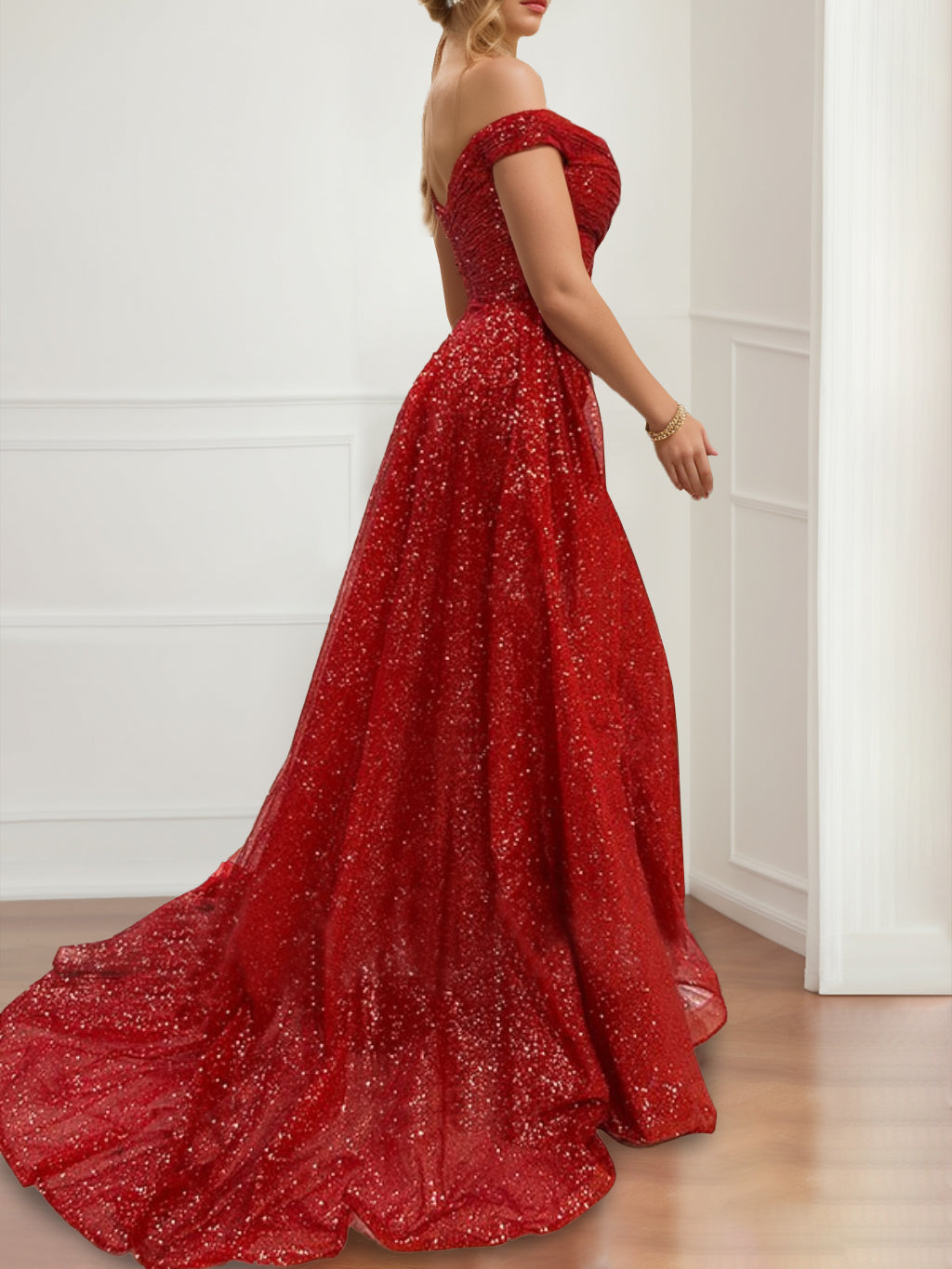 Robe de Soirée Fourreau/Colonne à Épaules Dénudées et Manches Courtes, Longueur Au Sol, avec Fente Sur le Côté