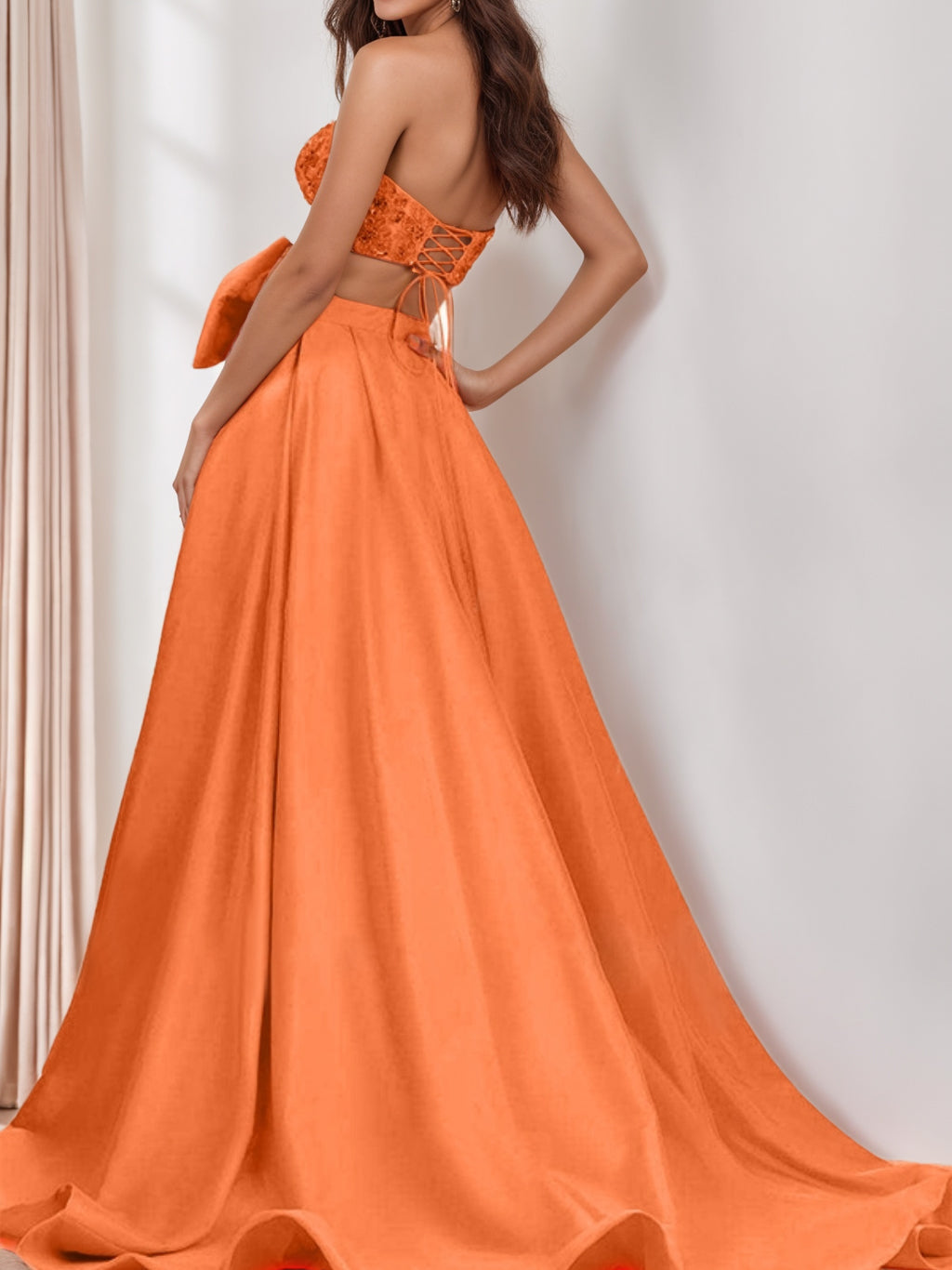 Robe de Soirée Trapèze/Princesse Sans Manches, Sans Bretelles, Traîne avec Nœud(S)