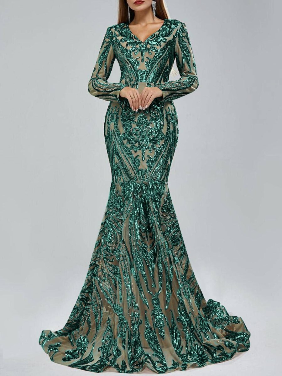 Robe de Soirée Sirène à Col en V et Manches Longues avec Paillettes