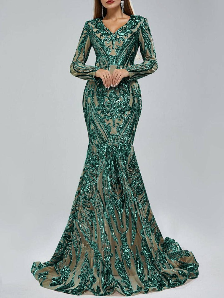 Robe de Soirée Sirène à Col en V et Manches Longues avec Paillettes