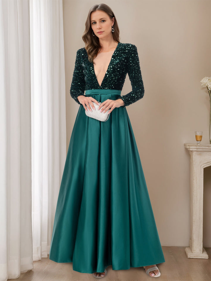 Robe de Soirée Trapèze/Princesse à Col en V, Manches Longues, Longueur Au Sol, avec Fente Haute