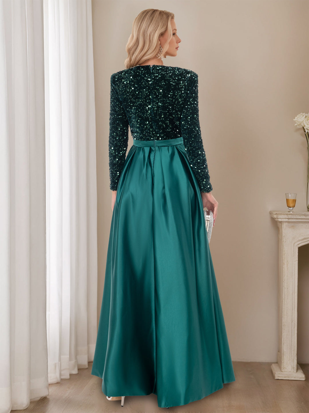 Robe de Soirée Trapèze/Princesse à Col en V, Manches Longues, Longueur Au Sol, avec Fente Haute