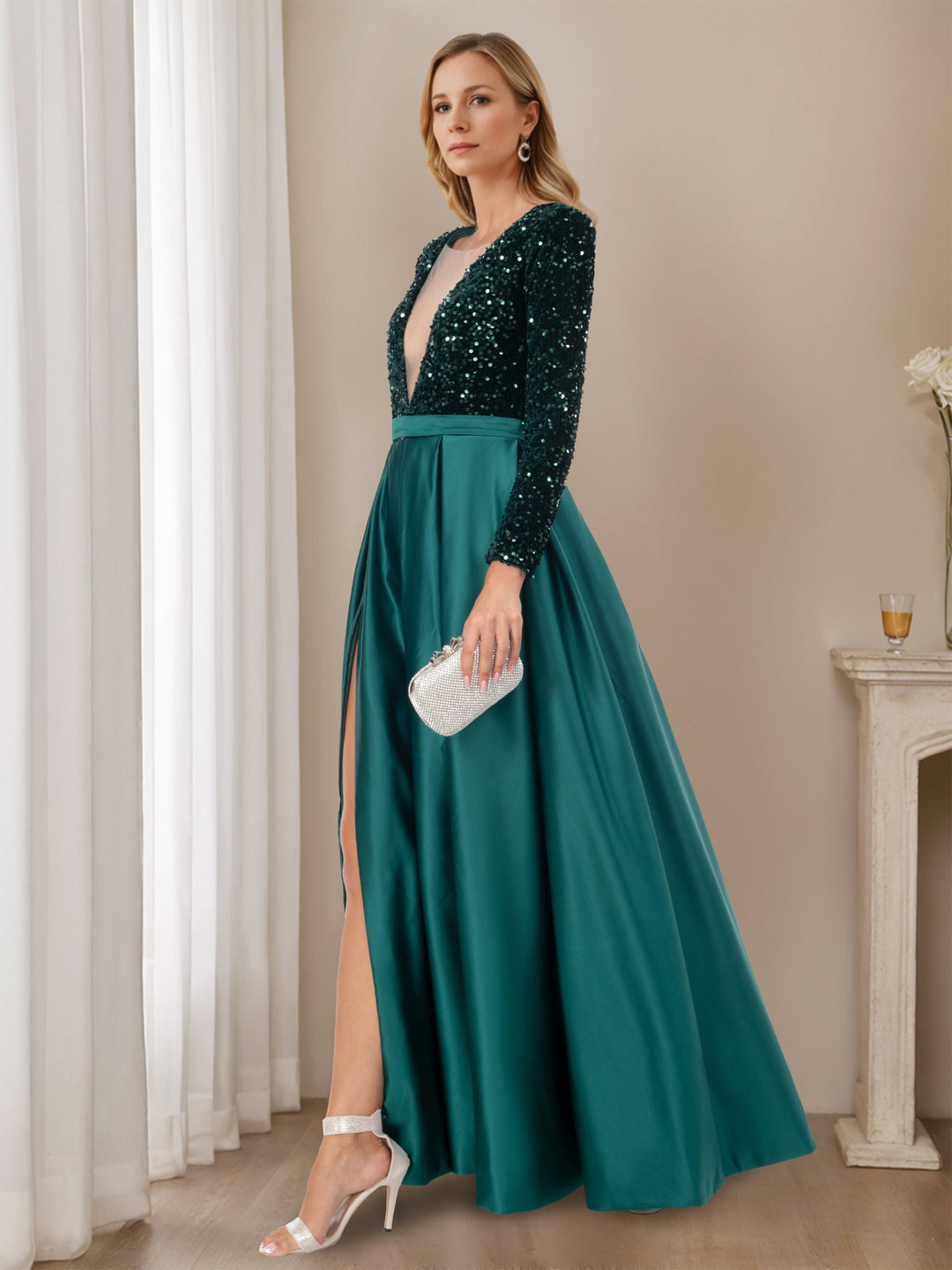 Robe de Soirée Trapèze/Princesse à Col en V, Manches Longues, Longueur Au Sol, avec Fente Haute