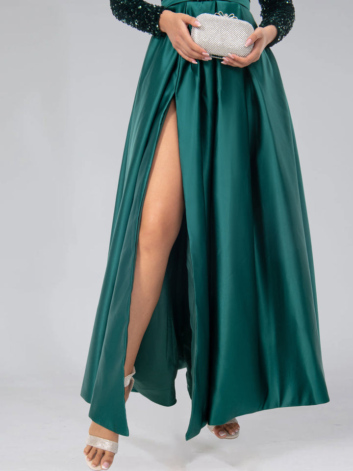 Robe de Soirée Trapèze/Princesse à Col en V, Manches Longues, Longueur Au Sol, avec Fente Haute