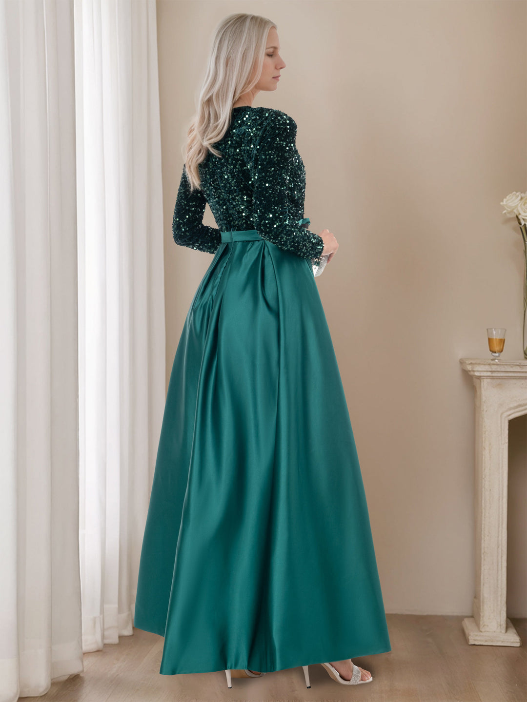 Robe de Soirée Trapèze/Princesse à Col en V, Manches Longues, Longueur Au Sol, avec Fente Haute