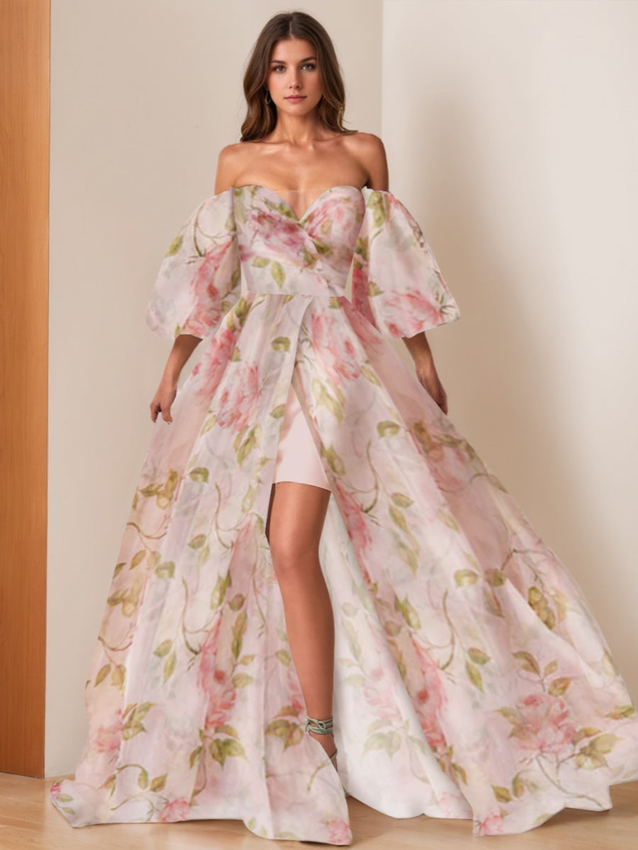 Ligne A/Princesse Hors de l'Épaule La Longueur du Sol Printed Floral Robes de Bal avec Slit