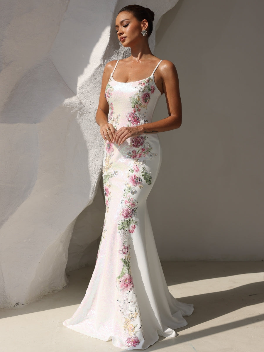 Robe soirée sirène bretelles spaghetti floral sequins, longueur sol