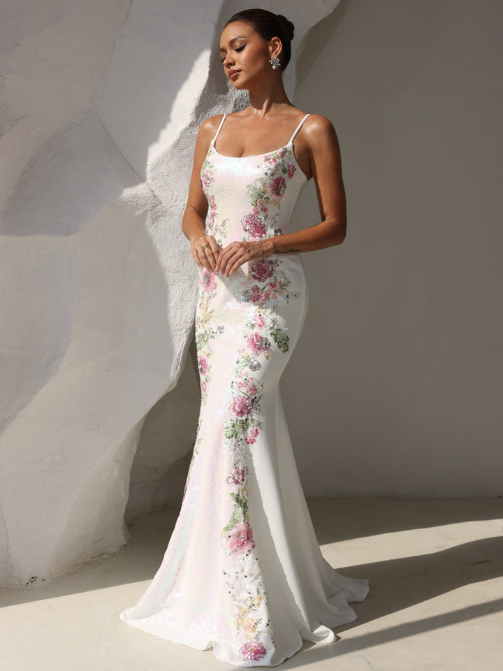 Robe soirée sirène bretelles spaghetti floral sequins, longueur sol