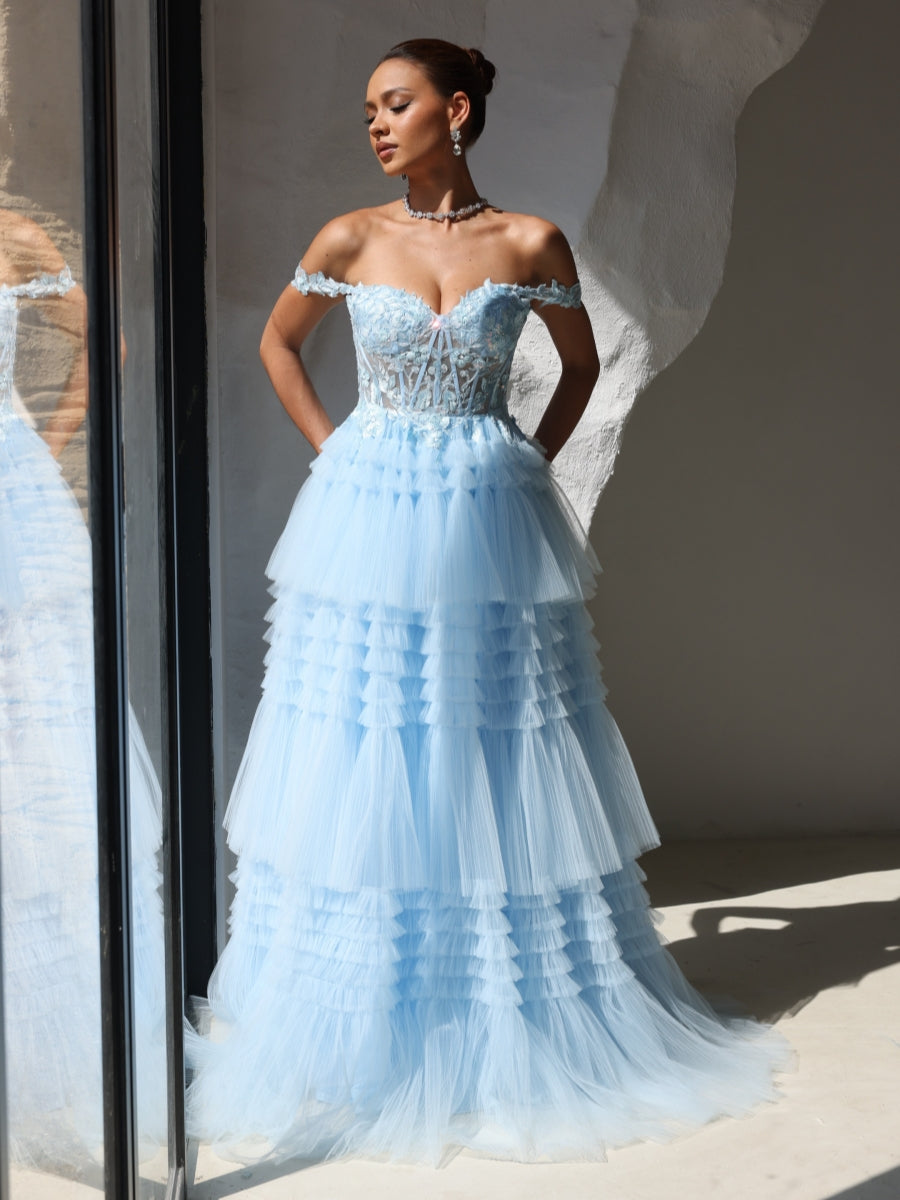 Robe soirée ligne A sans bretelles tulle dentelle, longueur sol