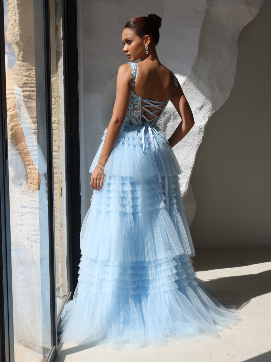 Robe soirée ligne A sans bretelles tulle dentelle, longueur sol