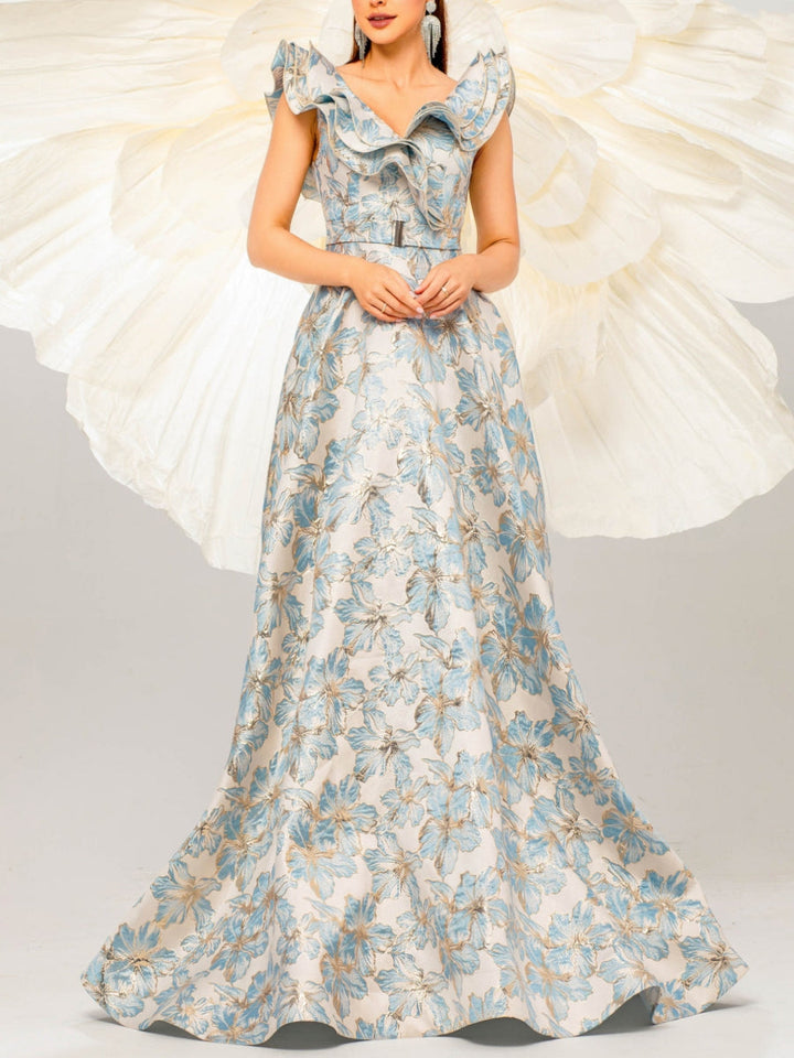 Robe soirée sirène col V satin floral, sans manches, volants, longueur sol