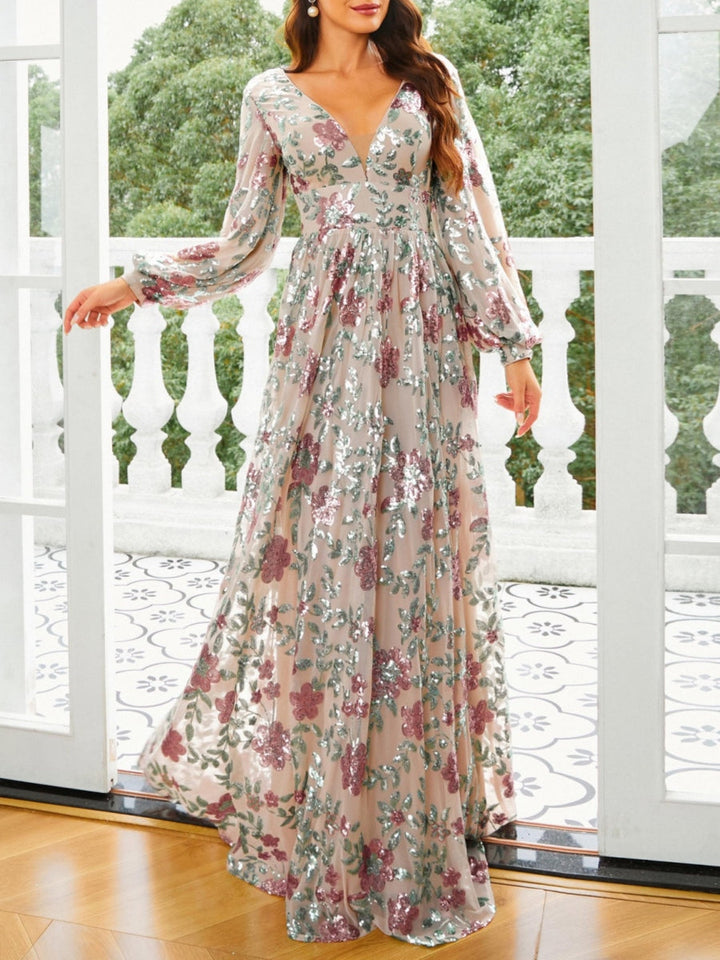 Robe soirée ligne A col V floral sequins manches longues, dos profond V, longueur sol