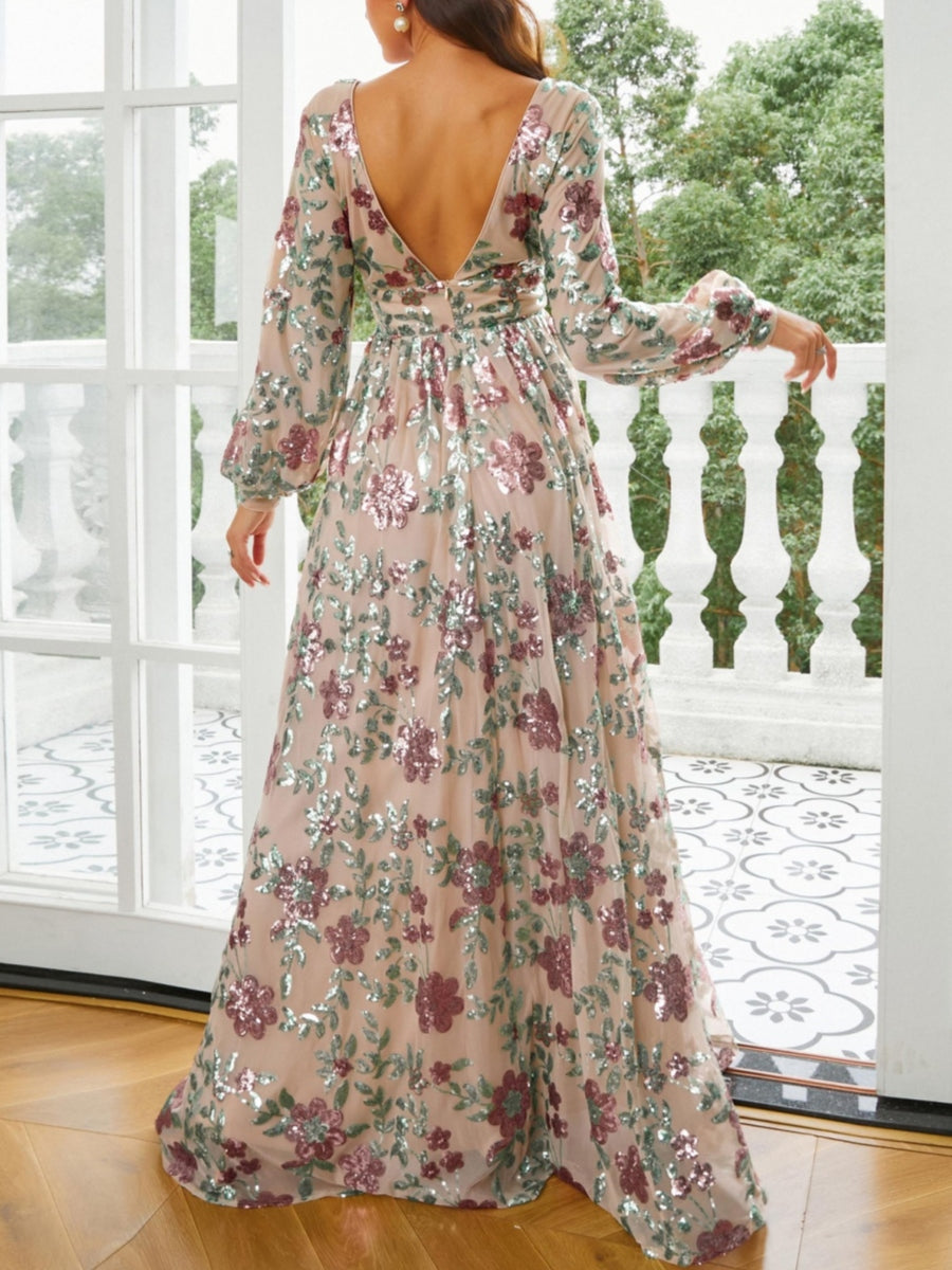 Robe soirée ligne A col V floral sequins manches longues, dos profond V, longueur sol