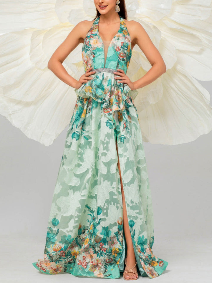 Robe soirée ligne A halter mousseline floral, fente latérale, sans manches, longueur sol