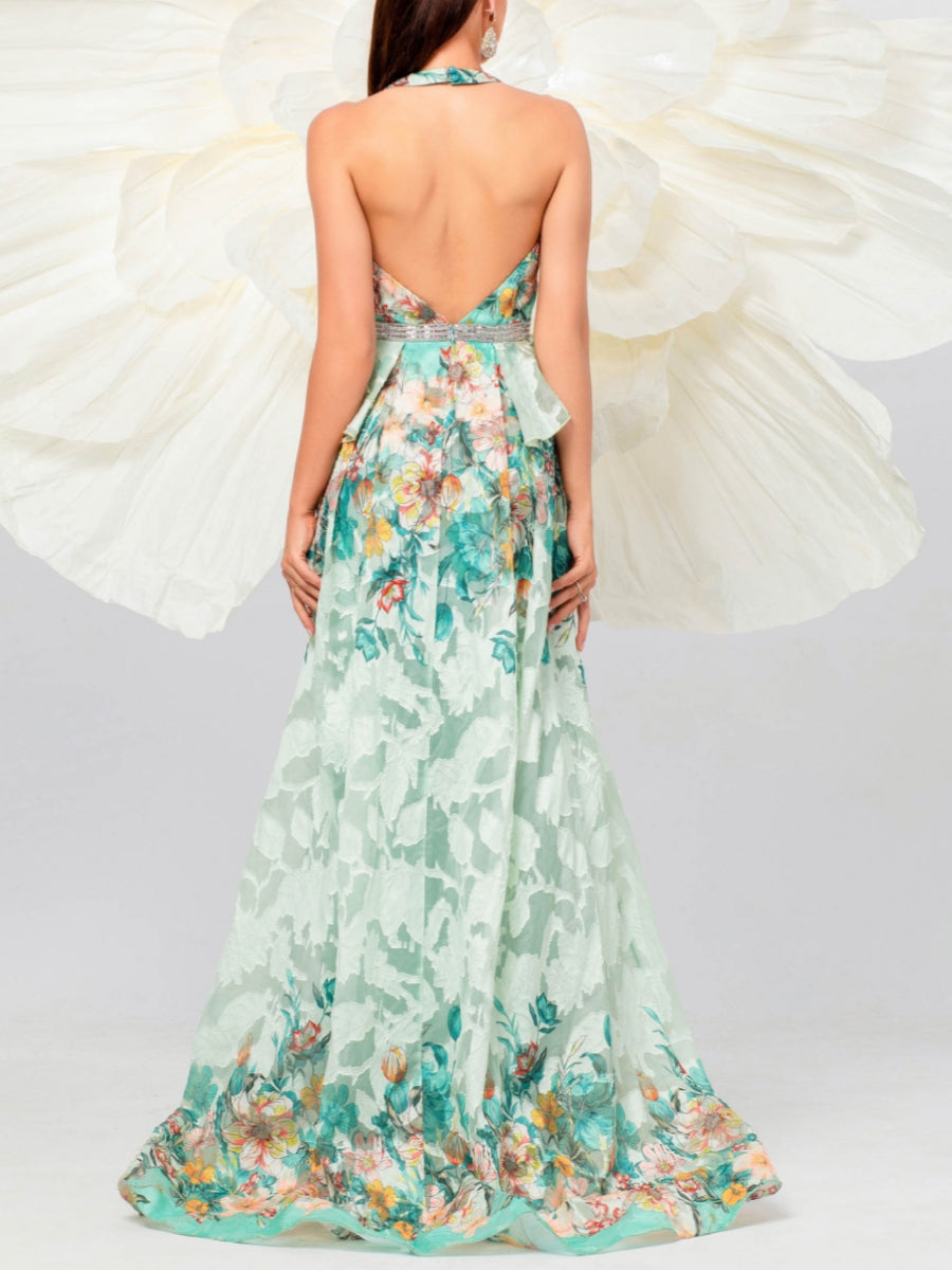 Robe soirée ligne A halter mousseline floral, fente latérale, sans manches, longueur sol