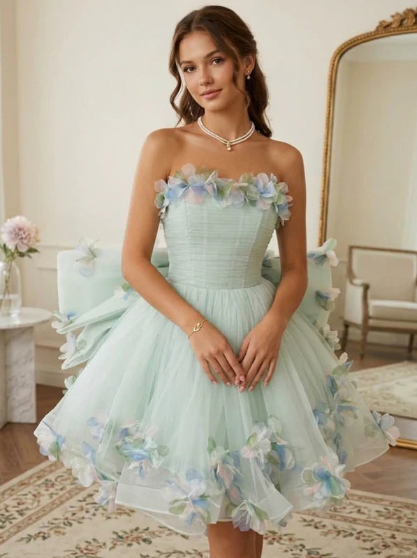 Robe Courte de Fête Sans Bretelles Tulle Florale Sans Manches Ligne A/Princesse avec Fleurs 3D et Nœud Papillon