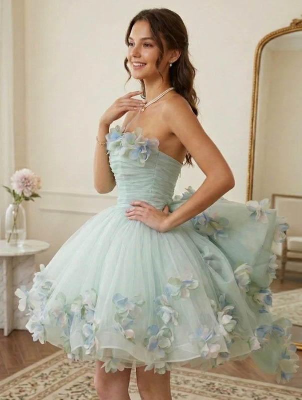 Robe Courte de Fête Sans Bretelles Tulle Florale Sans Manches Ligne A/Princesse avec Fleurs 3D et Nœud Papillon
