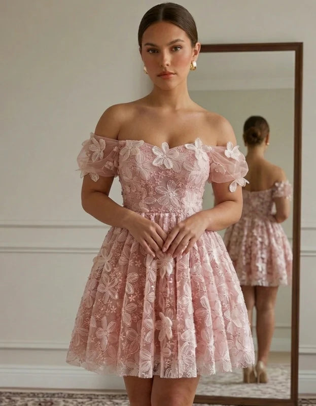 Robe Courte de Fête Sans Bretelles Broderie Florale Sans Manches Ligne A/Princesse avec Fleurs 3D