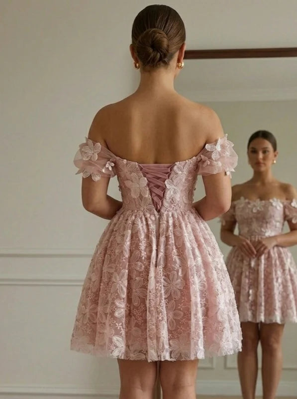 Robe Courte de Fête Sans Bretelles Broderie Florale Sans Manches Ligne A/Princesse avec Fleurs 3D