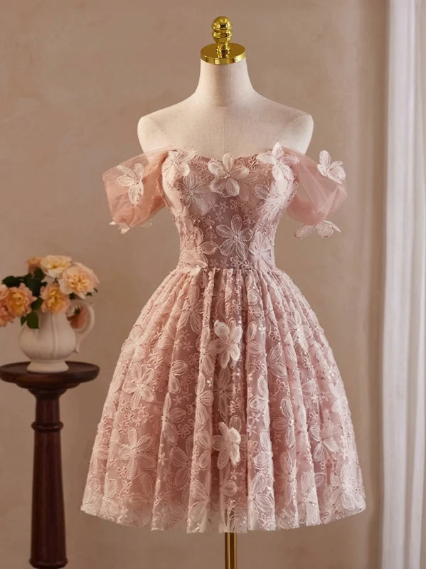 Robe Courte de Fête Sans Bretelles Broderie Florale Sans Manches Ligne A/Princesse avec Fleurs 3D