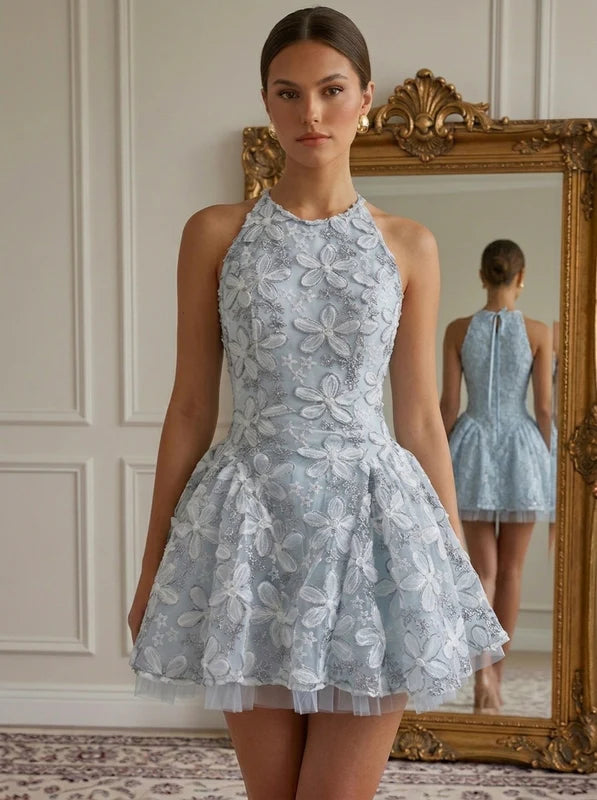 Robe Courte de Fête à Col Rond Broderie Florale Sans Manches Ligne A/Princesse