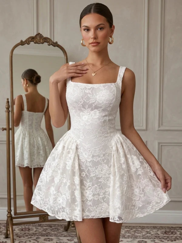 Robe Courte de Fête à Col Carré en Dentelle Florale Sans Manches Ligne A/Princesse