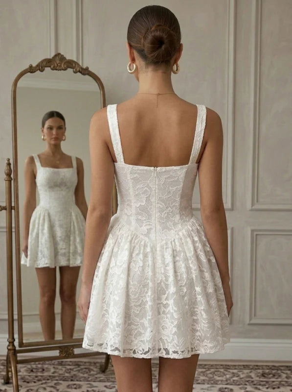 Robe Courte de Fête à Col Carré en Dentelle Florale Sans Manches Ligne A/Princesse