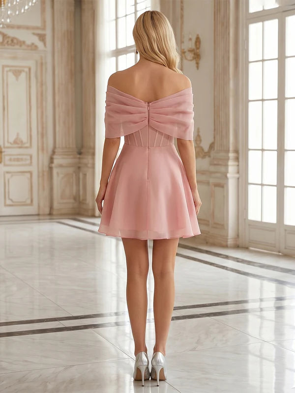 Robe Courte de Fête Sans Bretelles en Organza Sans Manches Strass Ligne A/Princesse