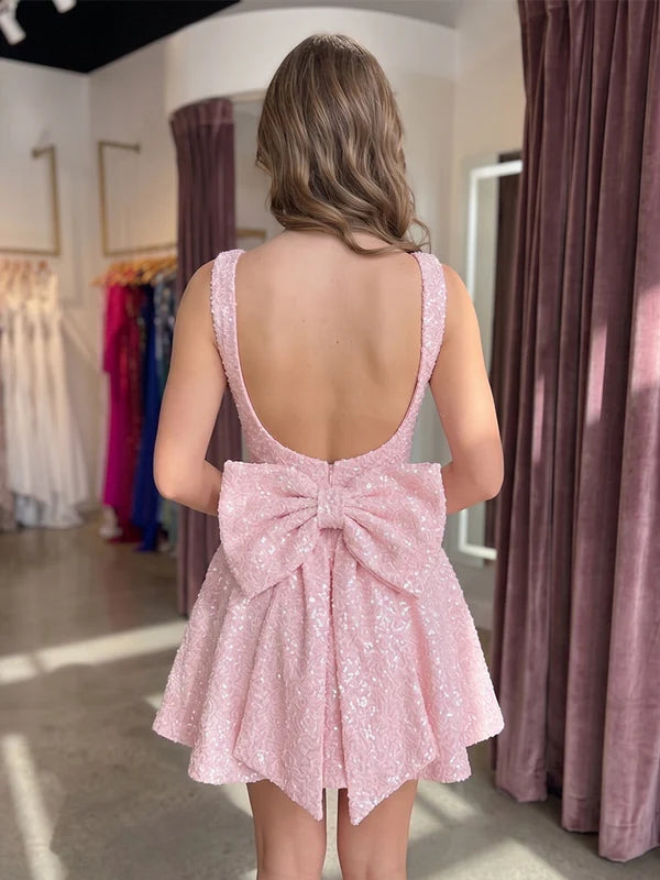 Robe Courte de Fête à Col Carré à Paillettes Sans Manches Ligne A/Princesse avec Nœud Papillon