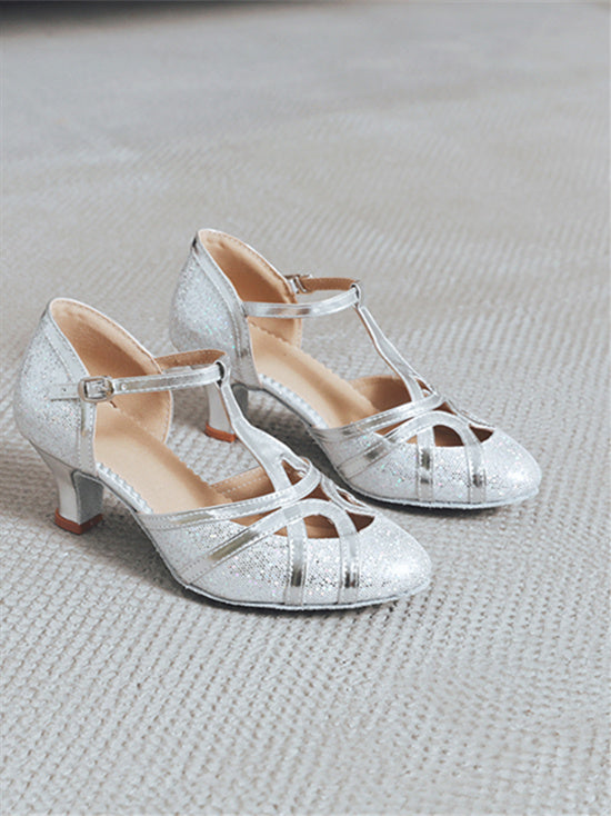 Chaussures de Danse pour Femmes Chaussures de Mariée à Talon Bas et Bout Rond en Strass