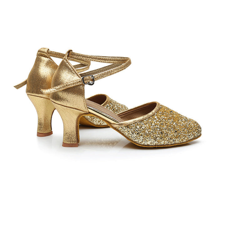 Chaussures de Danse pour Femmes, Bride à la Cheville, Talon, Bout Rond, Chaussures Latines à Paillettes