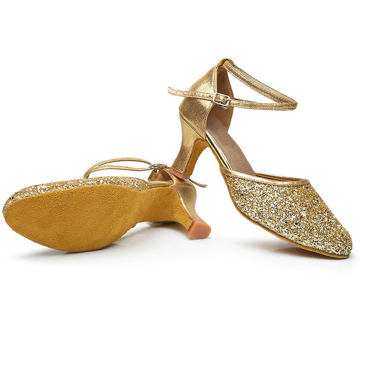Chaussures de Danse pour Femmes, Bride à la Cheville, Talon, Bout Rond, Chaussures Latines à Paillettes
